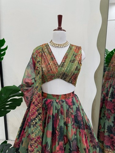 Organza atigrado Indian Look Lehenga Choli con Dupatta verde para mujer/niña - Imagen 3 de 9