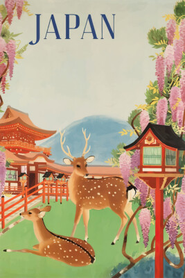 Japan Colorful Japanese Vintage Tourism Deer Art Wall Room Poster