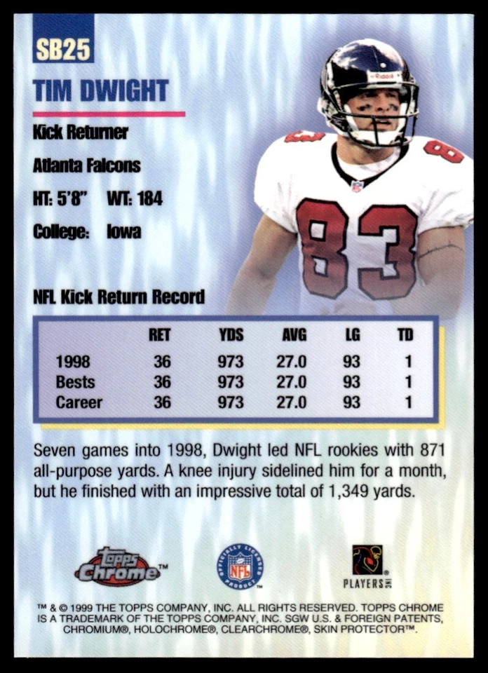 1999 Topps Season's Best Tim Dwight Atlanta Falcons #SB25 R18 - Image 2 of 2
