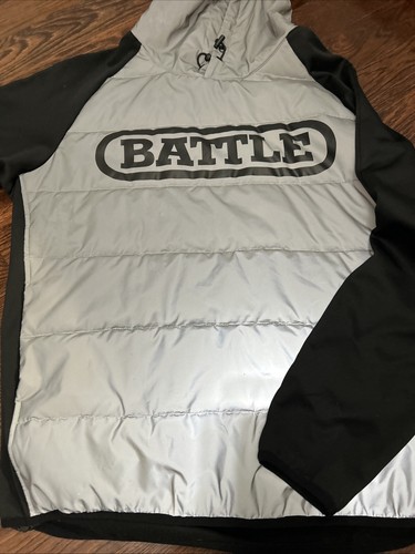 Men's XL BATTLE SPORTS Football Hooded Jacket Coat Puffy Gray Silver Black EUC - Picture 7 of 13