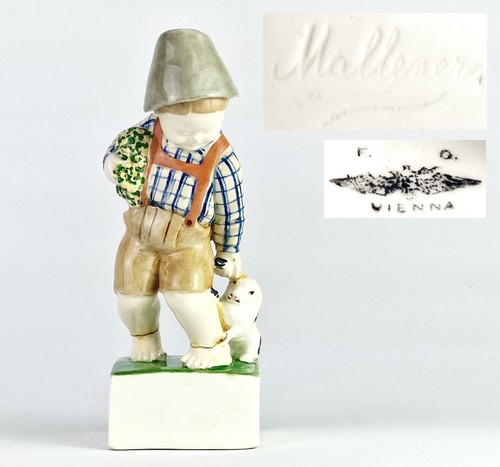 SELTEN!!! Keramik Figur THEODOR MALLENER Wien Österreich Knabe Hase Blumen R1058