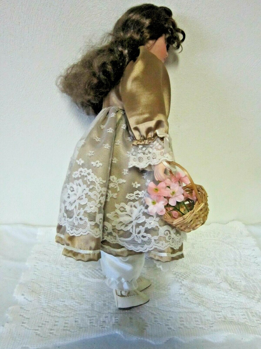 Duck House Porcelain & Cloth Girl Doll w/Flower Basket Brown Hair