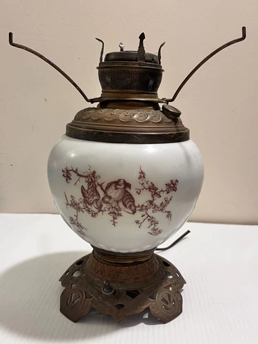 Antique Vtg Converted Oil Lamp Bird Design Milk Glass Lamp 12" Needs Restoration