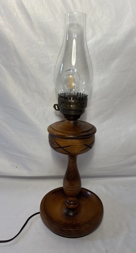 Vintage Turned Wood Hurricane Table Lamp Kerosene Oil Lamp Glass Chimney 22.5". - Picture 5 of 9