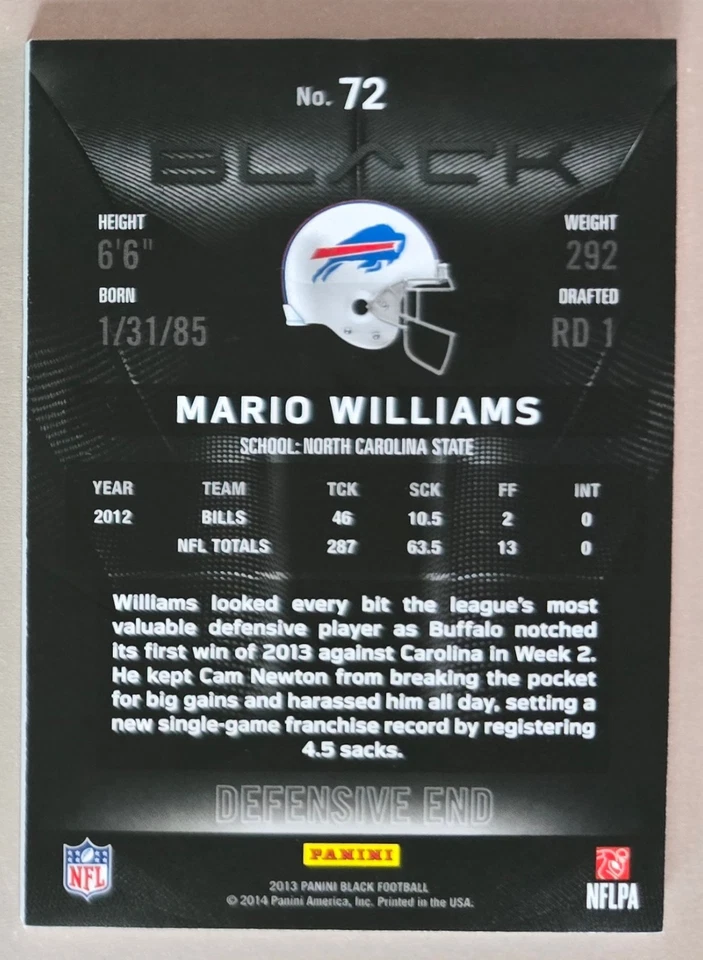 2013 Panini Black /25 Platinum Parallel SP Mario Williams #72 Buffalo Bills - Image 2 of 2