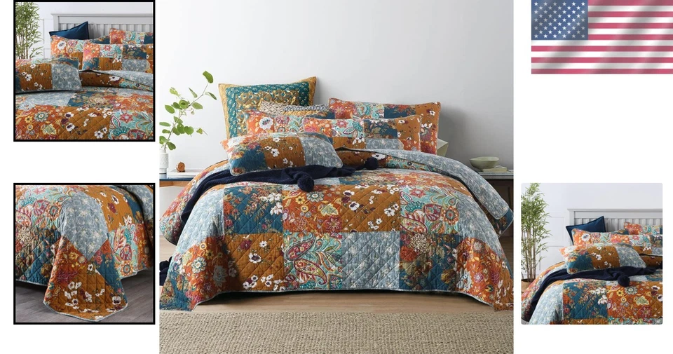 Juego de colcha de algodón tamaño king de lujo - Edredón reversible floral vintage Foto 2 de 4