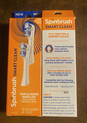 Lot 2 Packs of 2 Spinbrush Smart Clean Replacement Brush Heads Soft 4 Total