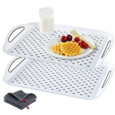 2 Pack Large Non-Slip Serving Tray With Handles White Food Platter Dining Ideal