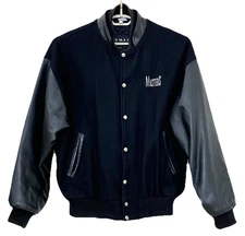 VTG Sumac Mens Varsity Bomber Jacket XL Black Wool Leather Snap Up Masters Golf