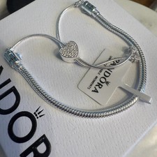 Authentic Pandora, Silver Pave Heart Slider Chain Bracelet, One Size