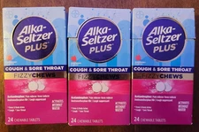 3x Alka Seltzer Plus Cough and Sore Throat FizzyChews Raspberry Flavor Exp 4/26