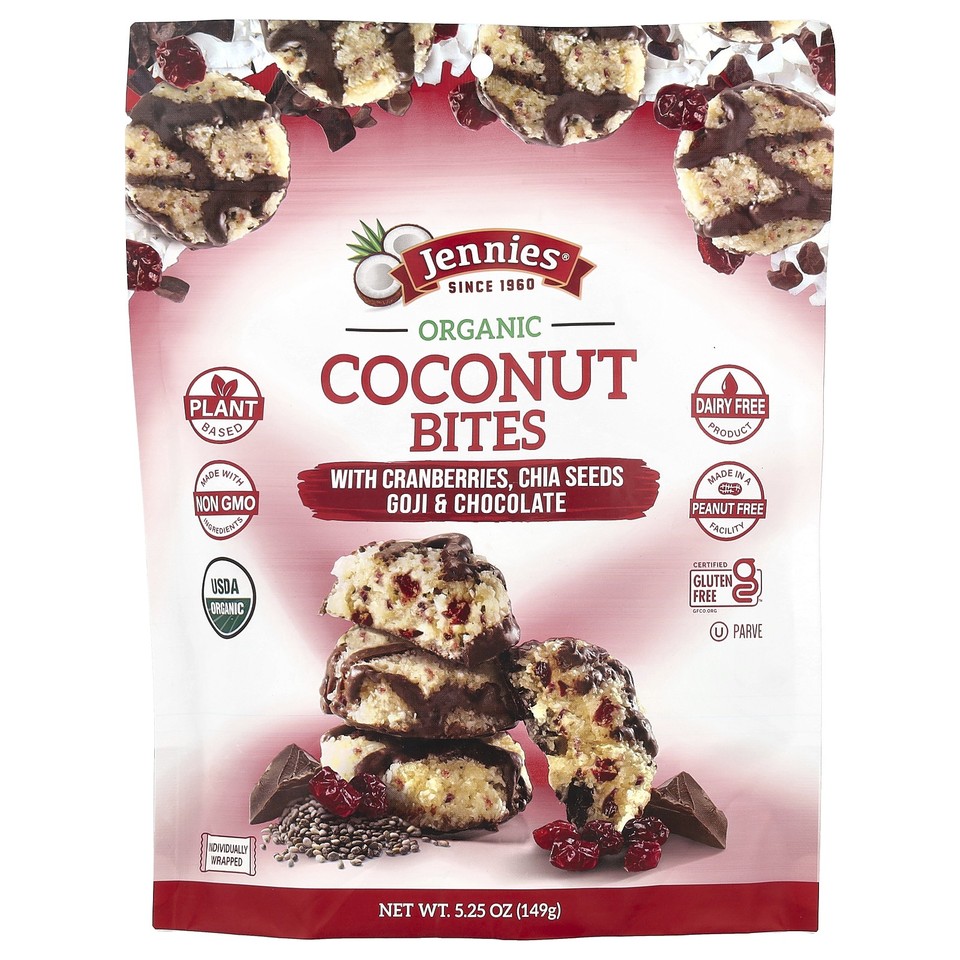 Organic Coconut Bites, with Cranberries, Chia Seeds, Goji & Chocolate, 5.25 oz