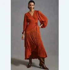New Anthropologie HUTCH Large Orange Fringe Wrap Maxi Midi DRESS Boho Festival