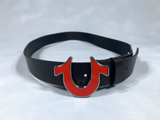 True Religion Sage II Enamel Filled Horseshoe Red Buckle Black Belt Men Size 42