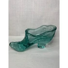 Vintage Teal Blue Glass Slipper Figurine Embossed Floral Boot Decor