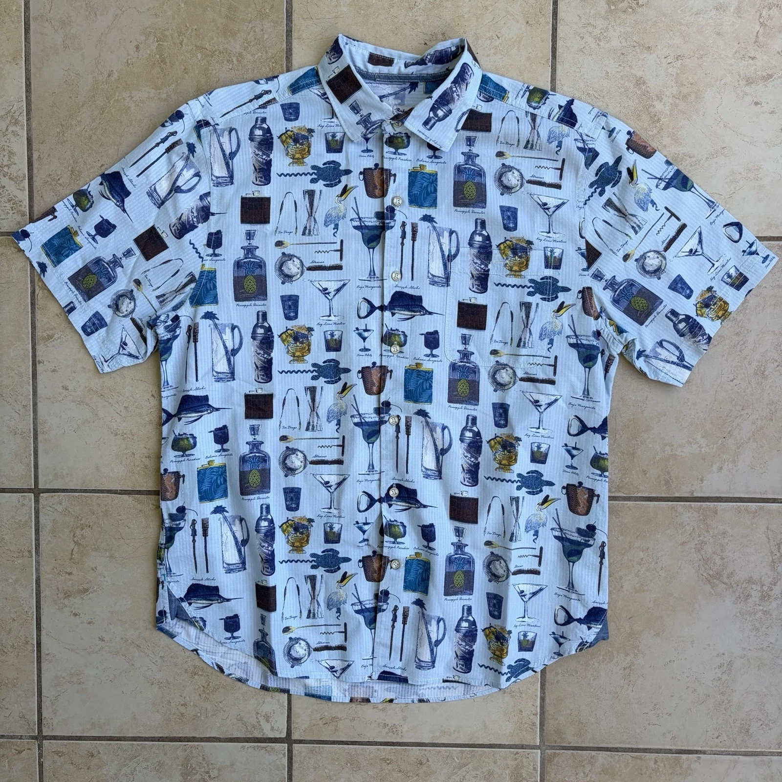 Tommy Bahama Shirt Mens Medium Blue Well Stocked Print Cotton Rayon Button Up