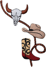 Western Rope with Boot, Cowboy Hat and Skull Embroidered Iron on Patch