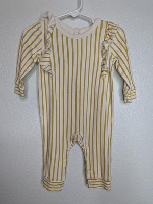 Pehr Organic Cotton Baby Girl Ruffle Stripe Romper 6-12M Mustard Yellow