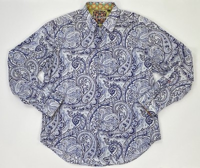 ROBERT GRAHAM Blue White Paisley Embroidered Stripe Detail Button Up Size 2XL