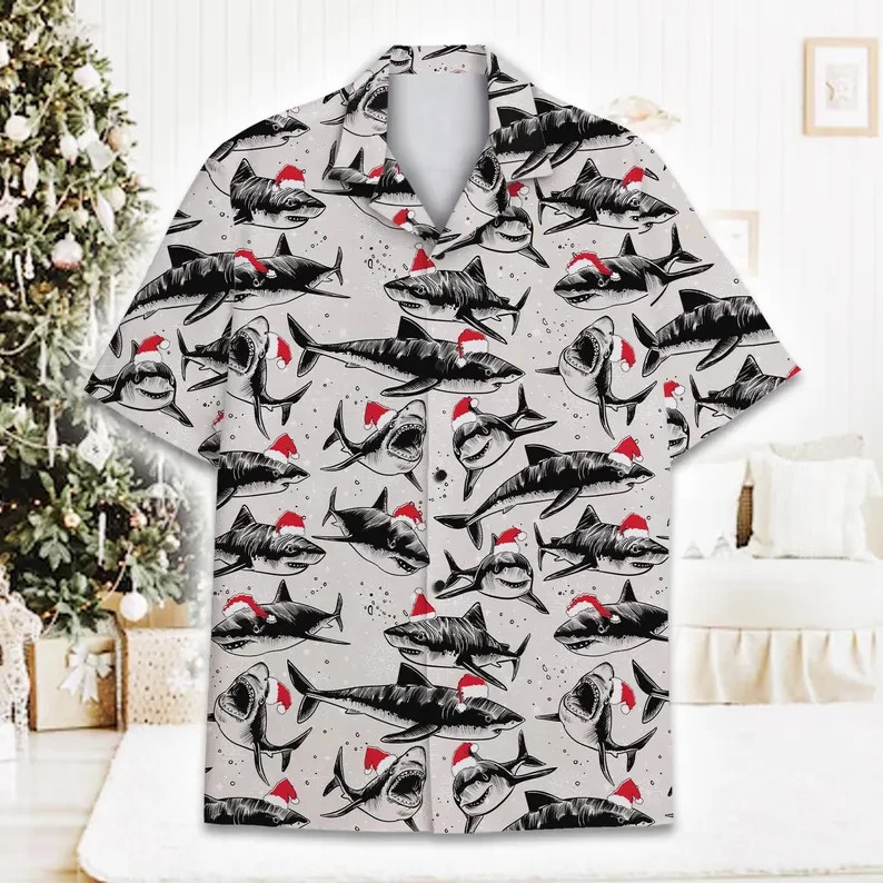 Christmas Shirt Santa Hat Shark Funny Holiday Ocean Print Button Down