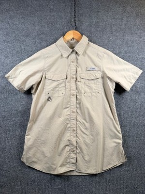 COLUMBIA Women s PFG Bahama II Short Sleeve Shirt Sz Small Beige Vented Mesh