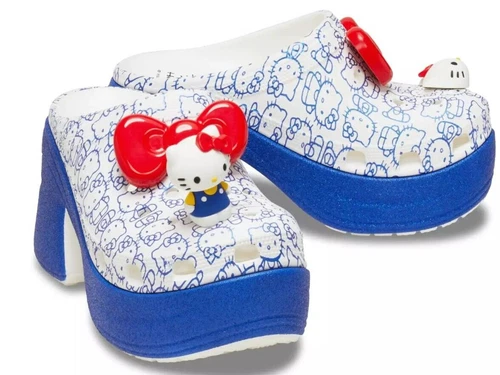 NEW Crocs Hello Kitty 50th Siren Clog W6 M4 Blue White High Heel Jibbitz Charms