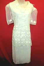 Vintage White Pleated Wedding Dress w/ Embroidered Jacket Large