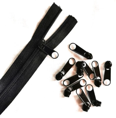 MARKENLOS 6 Meter + 10 Zipper Schieber Reißverschluss Endlosreißverschluss Spirale schwarz