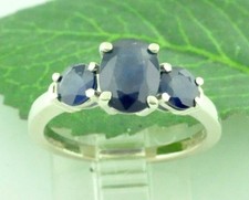 14k Solid White gold Natural Blue Sapphire ring 2.18 ct 3 stone ring