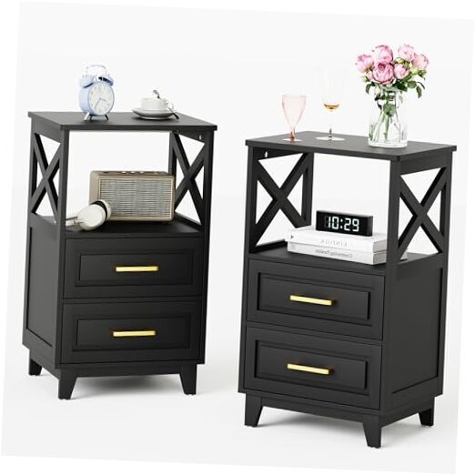 Nightstand Set of 2 with 2 Drawers, Black Open Shelf Side Tables-image