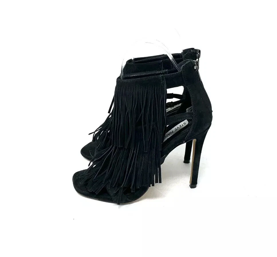 Steve Madden Black Suede Fringly Sandals Women s Size 6 eBay