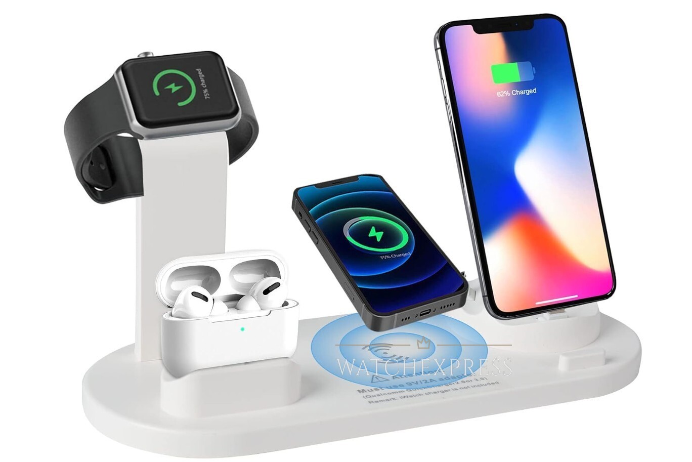 STAZIONE DI RICARICA 4 IN 1 WIRELESS QI SMARTPHONE AURICOLARI SMARTWATCH USB