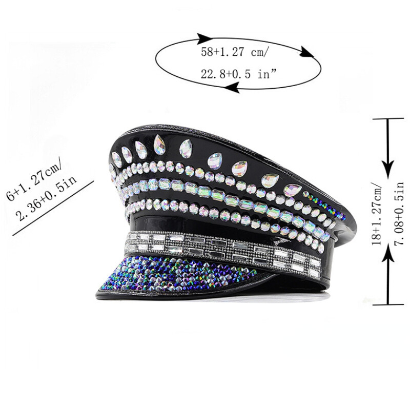 Unisex Rhinestones Leather Captain Hat Rave Festival Party