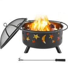 30in Wood Burning Fire Pit Stars & Moons Fire Bowl with Poker Mesh Cover Heater 