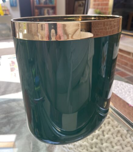 VTG Retro 80’s Emerald Green With Gold Metal Rim Waste Basket Bin 11” GREAT - Picture 1 of 13