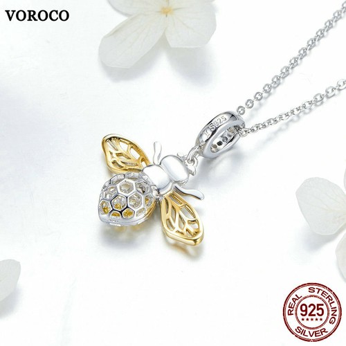 Voroco Fashion 925 Sterling Silver Bee Pendant CZ For Women Bracelet Necklace - Foto 4 di 9
