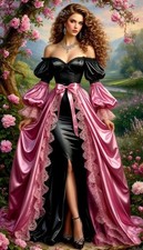 Custom Gorgeous PinkBlack Victorian EveningGown Bubble Sleeve Fishtail SlitDress
