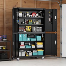 Mobile Storage Cabinet on Industrial Casters, Lockable 4-Door Steel Locker Black