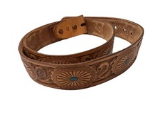 Tooled Leather Belt Size 38 Brown Concho Design Turquoise Colored Detail Western