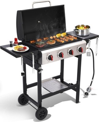 4 Burner Gas Grill with Cast Iron Grate Stainless Steel Pan, 40000 BTU BBQ Grill