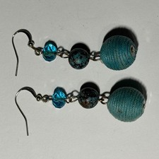 Boho Dangle Earrings Thread Stone Glass Silver Tone Teal Blue Earthy Kids