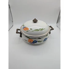 Enamel Pot with Lid Floral Pattern Cookware Kitchenware White Orange Blue