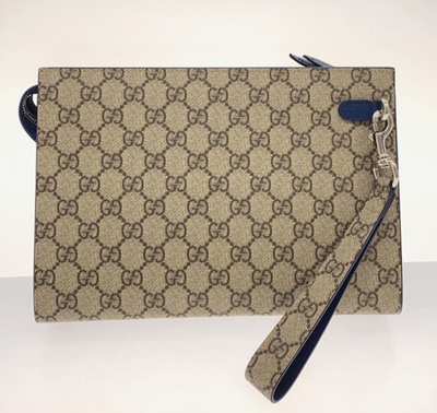 Gucci GG Supreme Clutch Bag Beige PVC Leather Wrist Strap 768255