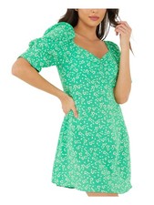 QUIZ Womens Fit + Flare Short Dress Green Pouf Sleeve Square Back Neck Juniors 4