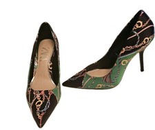 ZARA silky baroque rope & chain print heels size 37(4) green black 10cm stiletto