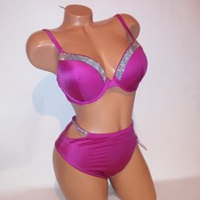 Victoria's Secret Swim Bikini 36C Top Medium Bottom Pink Shine Bling Push Up New
