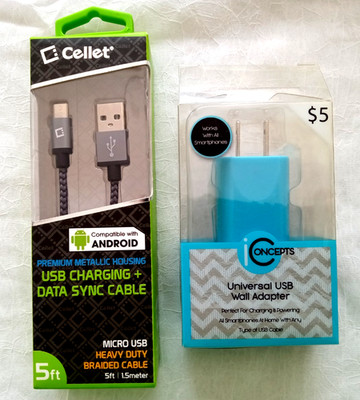 Lot-2-Cellet 5ft Micro USB Charging Data Sync Cable & Universal USB Wall Adapter