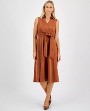 Tahari ASL Faux-Suede Dress Women's 2 Walnut Point Collar Side Zip Closure