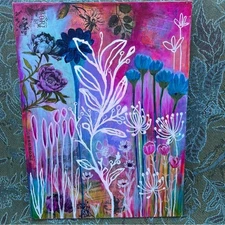 Beach Girl Studios Pink Blue Botanical Original Painting Art Mixed Media 18x24