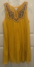 Luxology Womens Mustard Yellow BOHO Hippie Gauze Sleeveless Embroidered Dress L